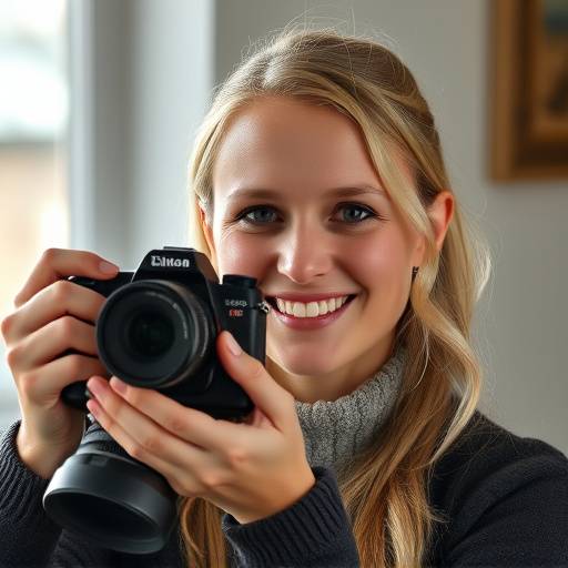 Portræt af Anna Holm, en smilende kvinde med et kamera.